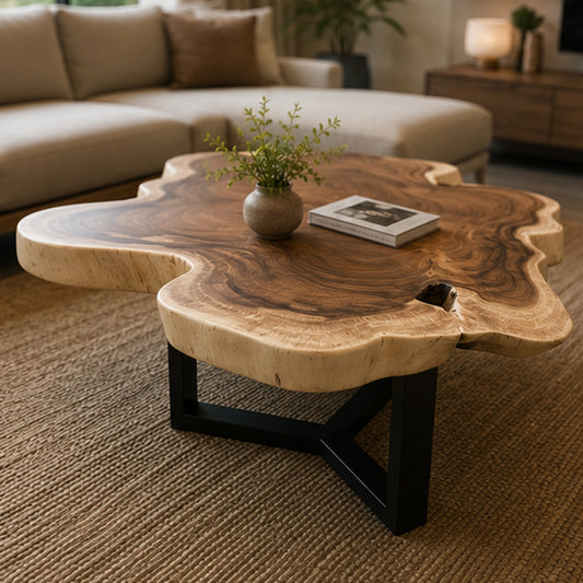 Organic Live Edge Monkeypod Wood Coffee Table Steel Legs | Solid Suar Wood Single Slab