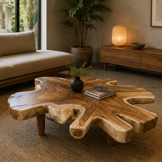 Organic Live Edge Monkeypod Wood Coffee Table Wood Legs | Solid Suar Wood Single Slab