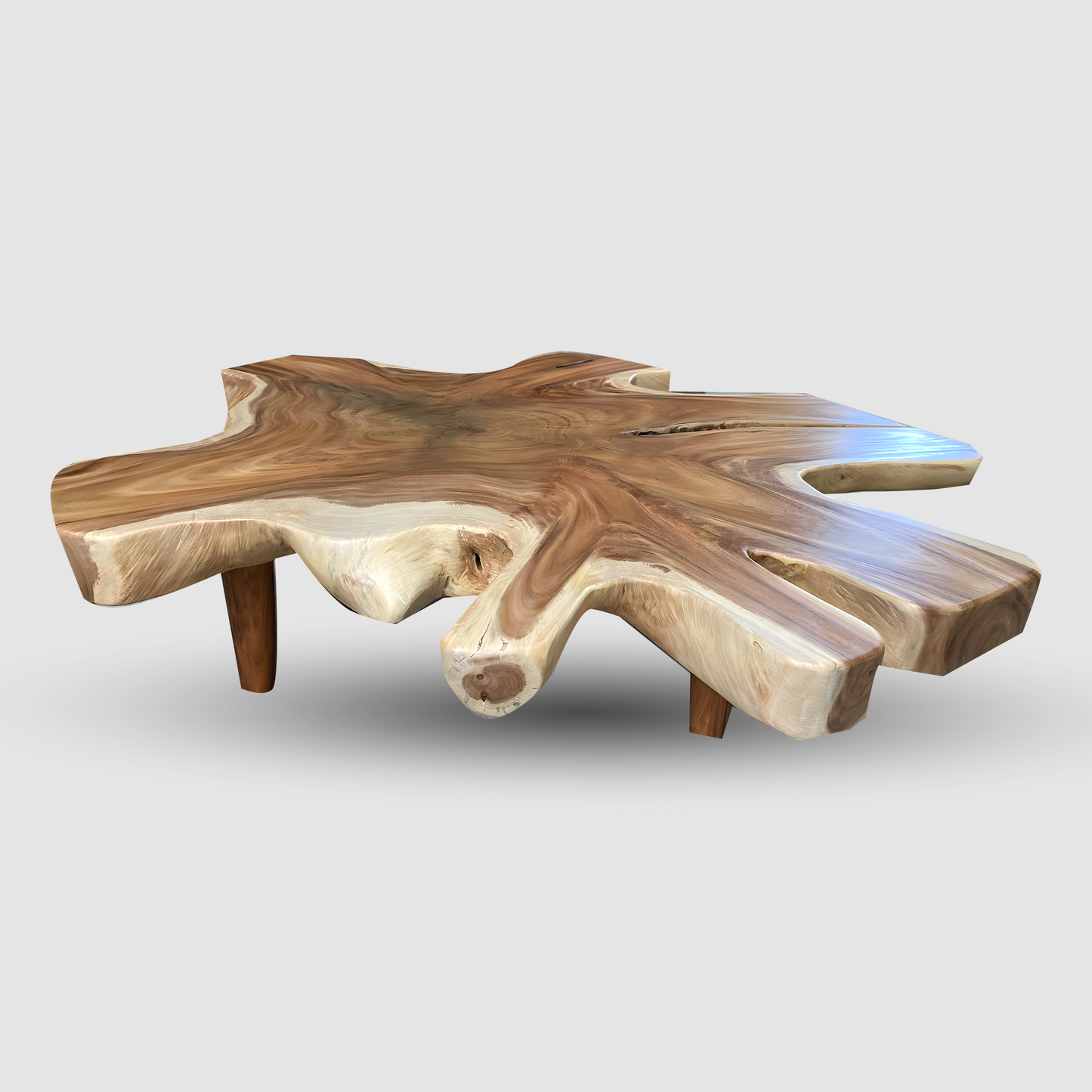Organic Live Edge Monkeypod Wood Coffee Table Wood Legs | Solid Suar Wood Single Slab