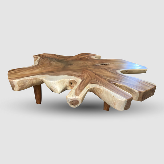 Organic Live Edge Monkeypod Wood Coffee Table Wood Legs | Solid Suar Wood Single Slab