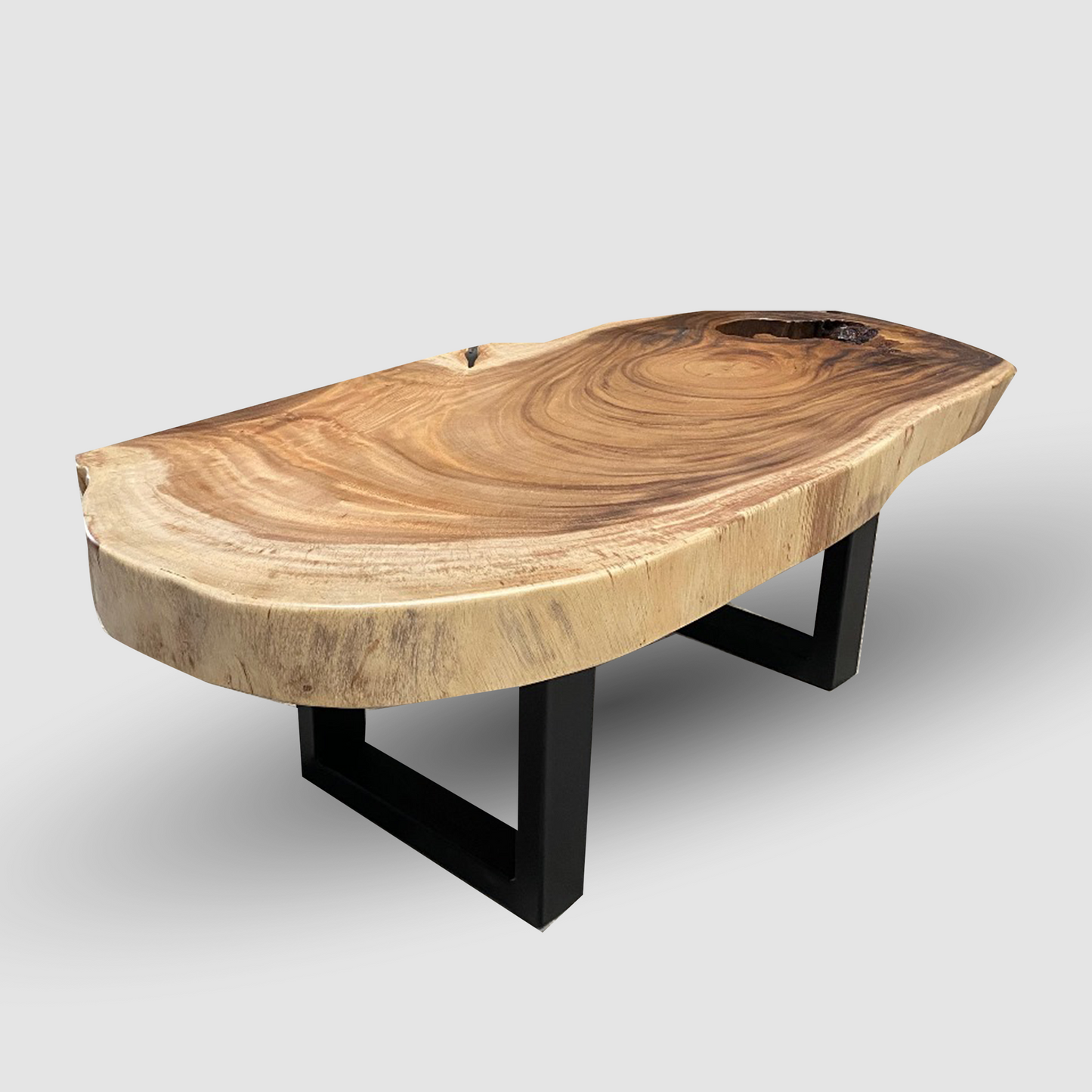 Round Solid Suar Wood Coffee Table with Black Steel Legs | Live Edge Monkeypod