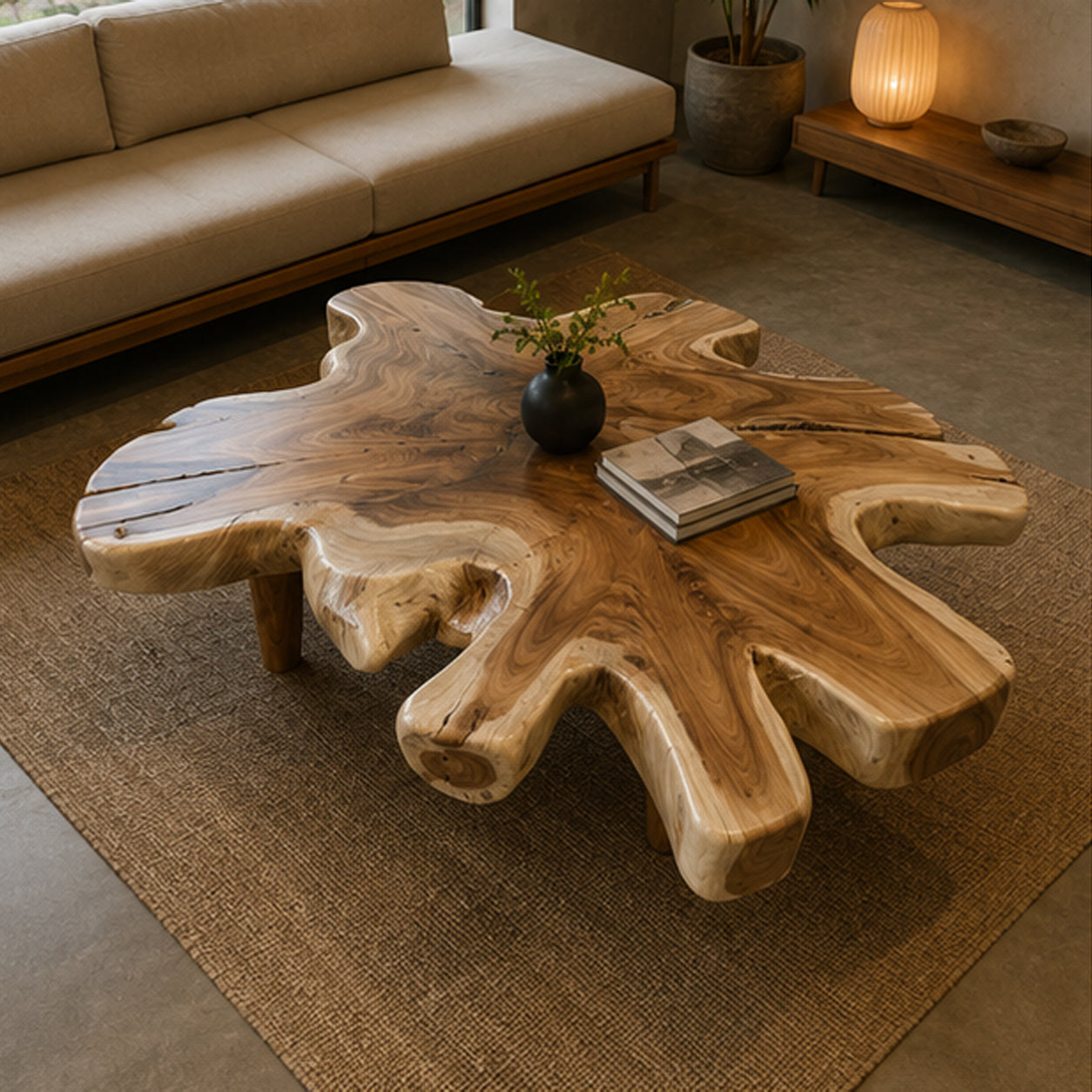Organic Live Edge Monkeypod Wood Coffee Table Wood Legs | Solid Suar Wood Single Slab