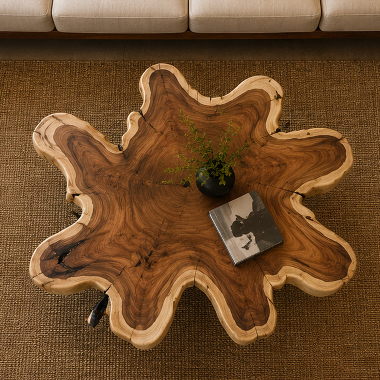 Organic Live Edge Monkeypod Wood Coffee Table Steel Legs | Solid Suar Wood Single Slab