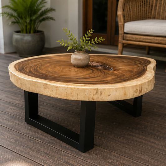 Round Solid Suar Wood Coffee Table with Black Steel Legs | Live Edge Monkeypod