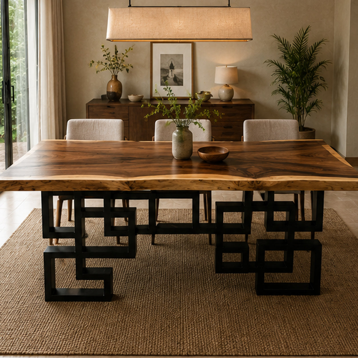 Solid Live Edge Dining Table with Unique Steel Legs with Black Steel Legs | Monkeypod Table