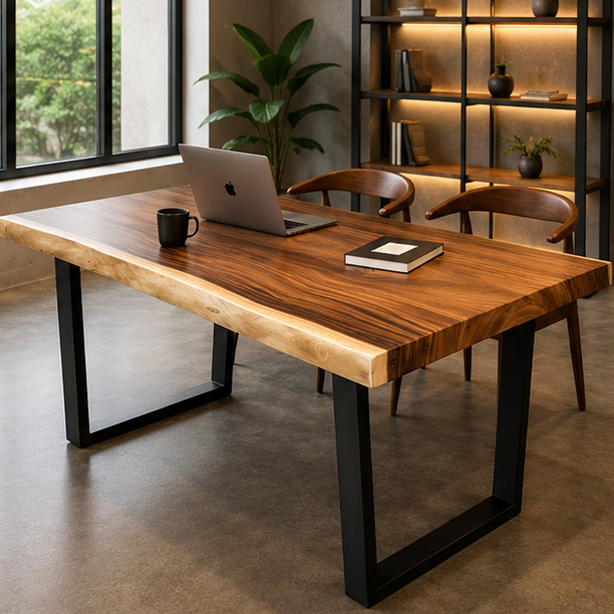 Solid Live Edge Dining Table with Steel Legs with Black Steel Legs | Monkeypod Table