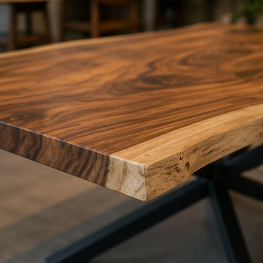 Solid Live Edge Dining Table with Steel Legs with Black Steel Legs | Monkeypod Table