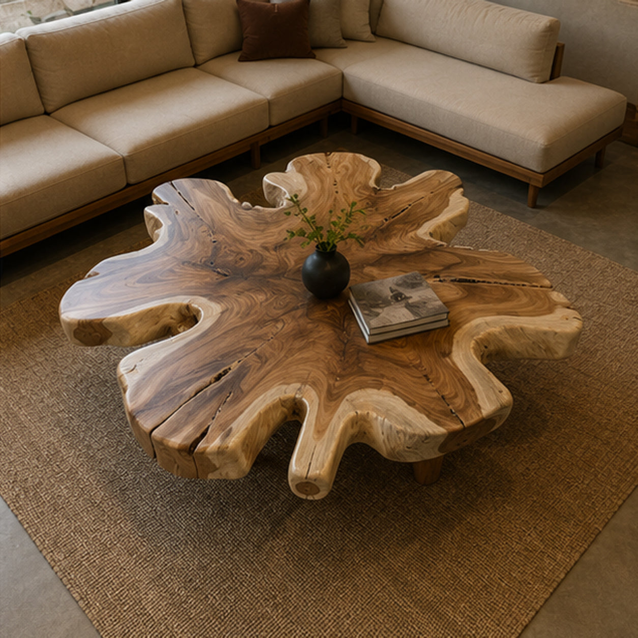 Organic Live Edge Monkeypod Wood Coffee Table Wood Legs | Solid Suar Wood Single Slab