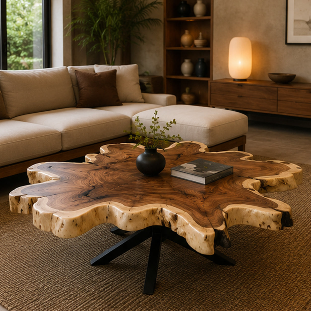 Organic Live Edge Monkeypod Wood Coffee Table Steel Legs | Solid Suar Wood Single Slab