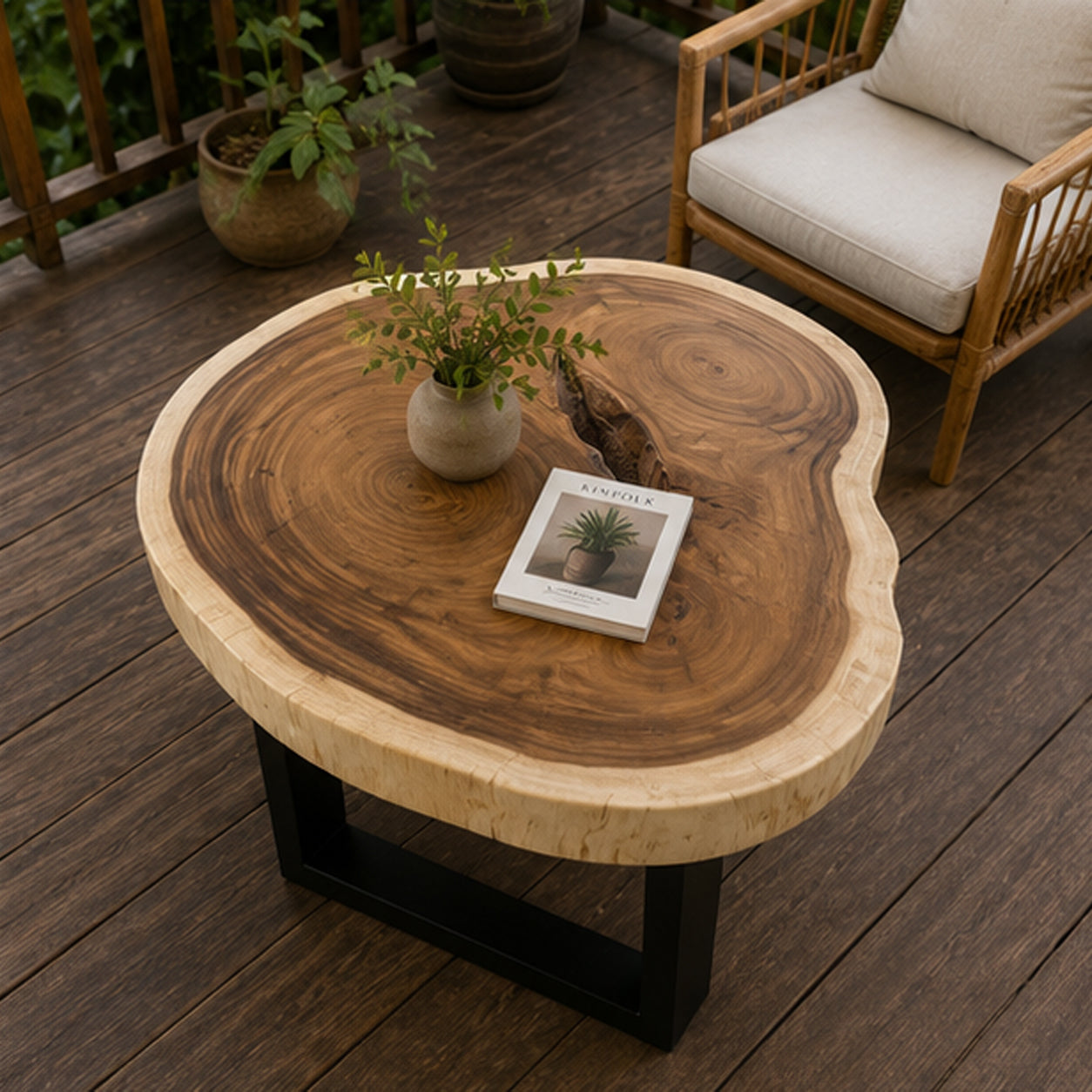 Round Solid Suar Wood Coffee Table with Black Steel Legs | Live Edge Monkeypod