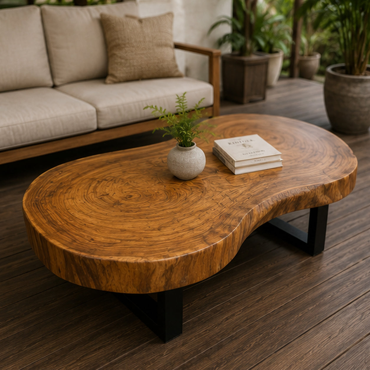 Round Solid Suar Wood Coffee Table with Black Steel Legs | Live Edge Monkeypod
