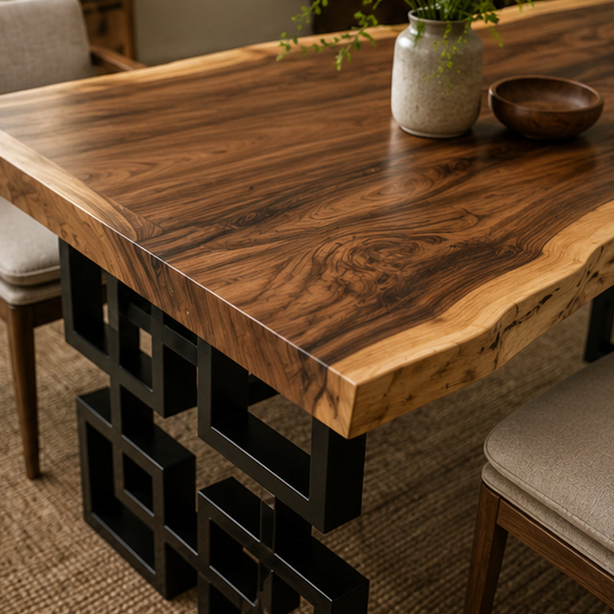 Solid Live Edge Dining Table with Unique Steel Legs with Black Steel Legs | Monkeypod Table