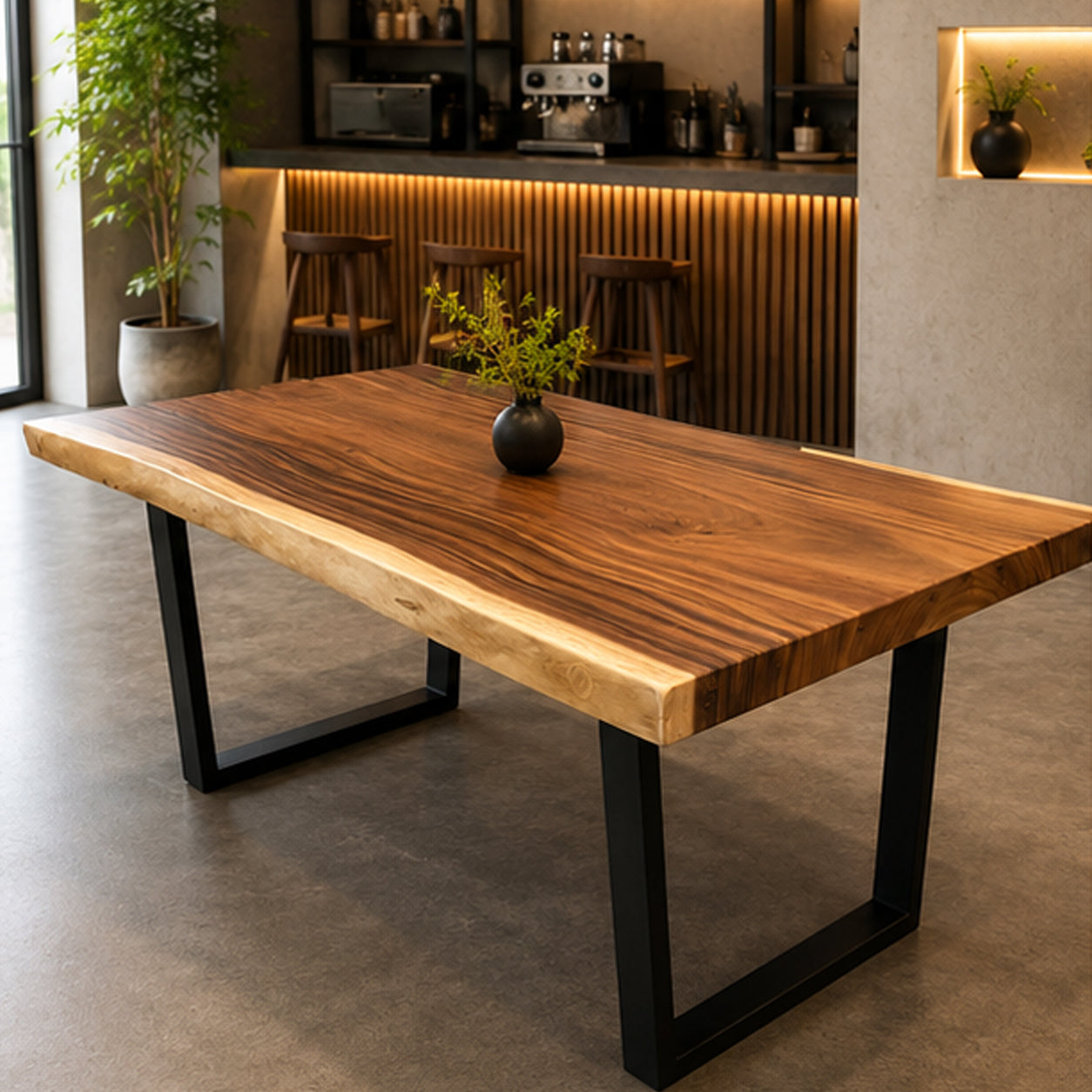 Solid Live Edge Dining Table with Steel Legs with Black Steel Legs | Monkeypod Table