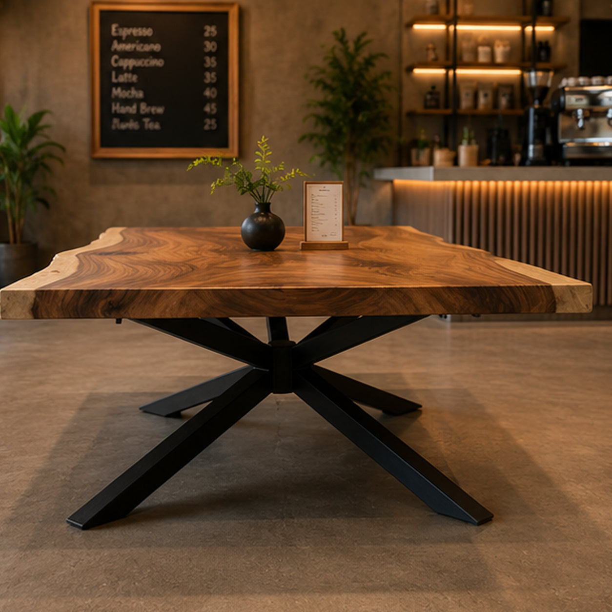 Solid Live Edge Dining Table with Steel Legs with Black Steel Legs | Monkeypod Table