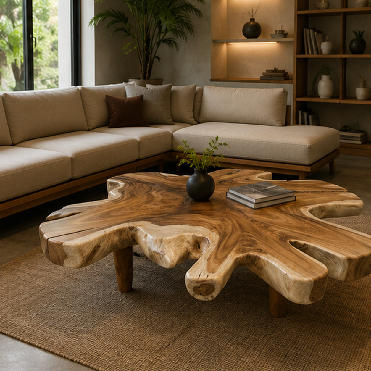 Organic Live Edge Monkeypod Wood Coffee Table Wood Legs | Solid Suar Wood Single Slab