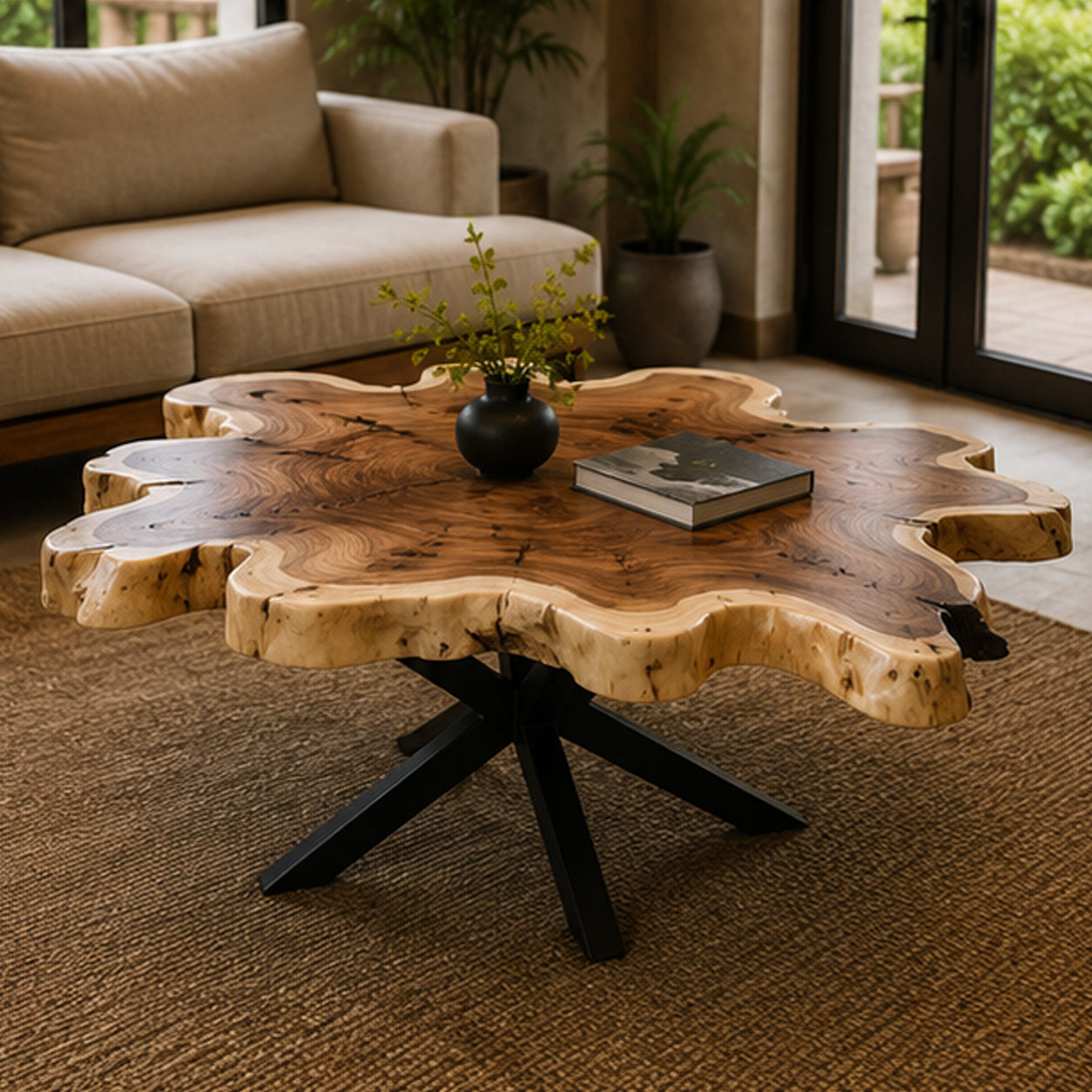 Organic Live Edge Monkeypod Wood Coffee Table Steel Legs | Solid Suar Wood Single Slab