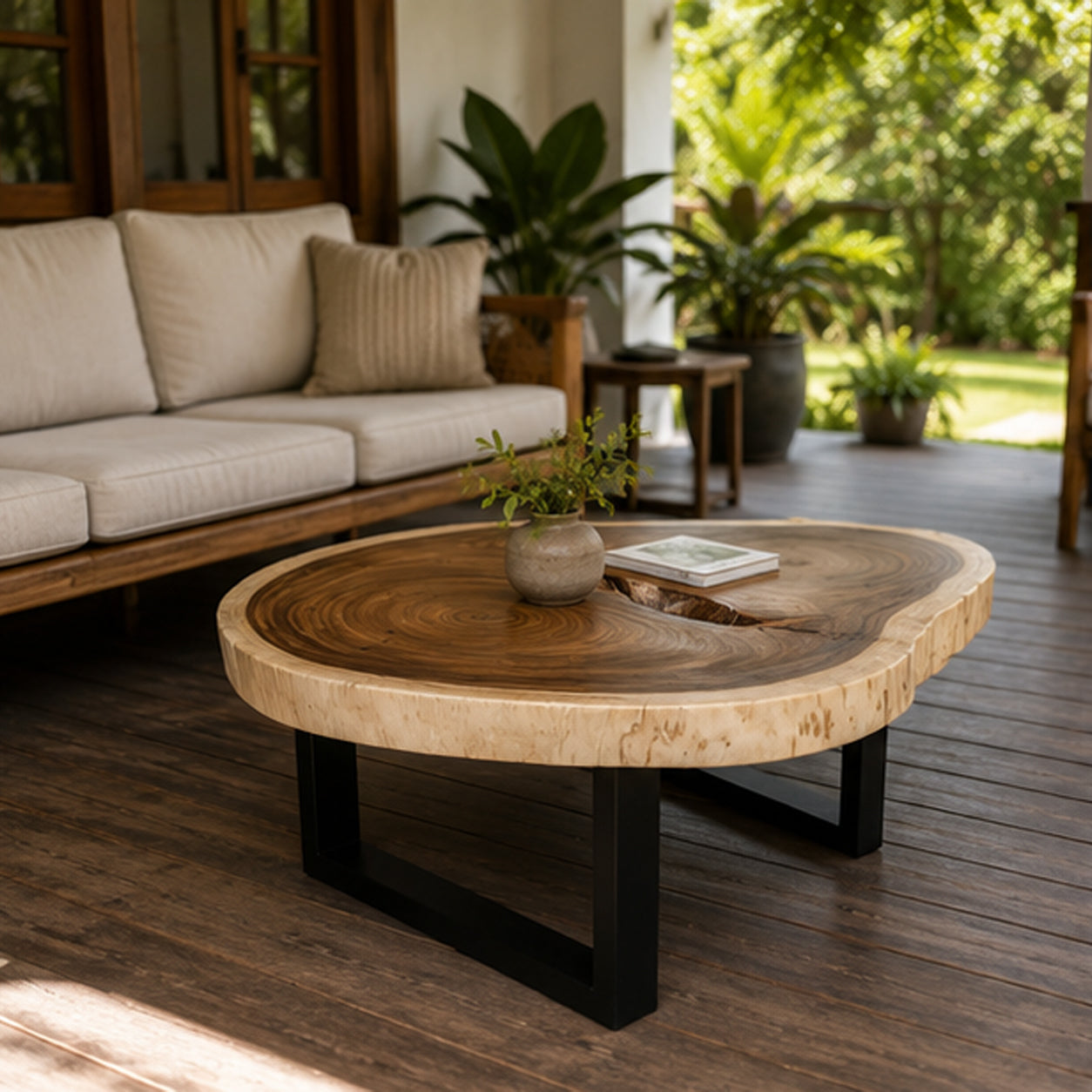 Round Solid Suar Wood Coffee Table with Black Steel Legs | Live Edge Monkeypod