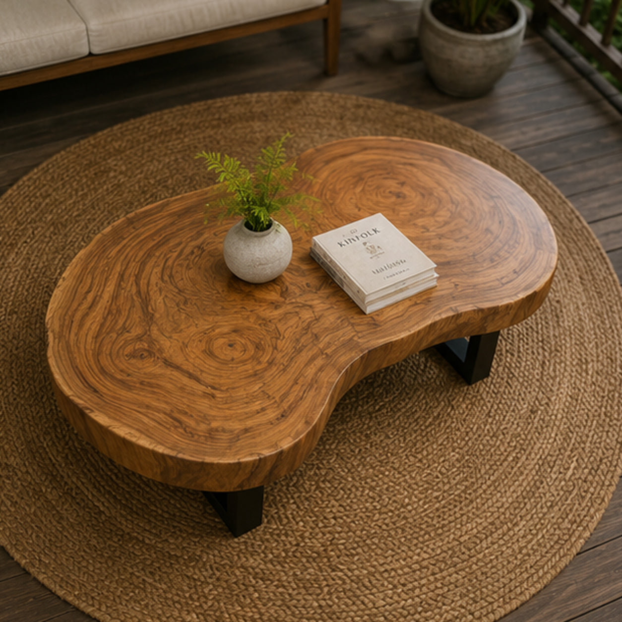Round Solid Suar Wood Coffee Table with Black Steel Legs | Live Edge Monkeypod