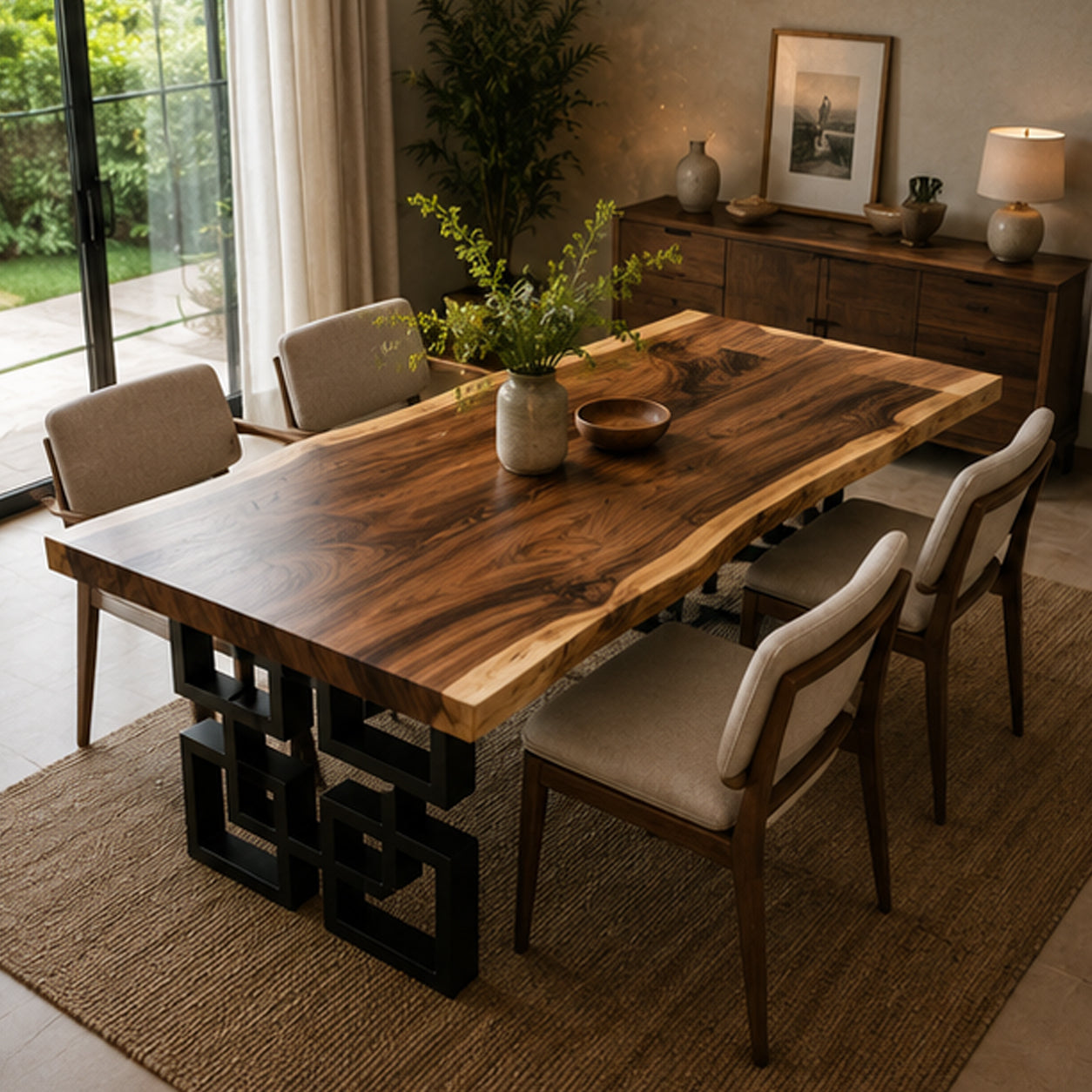 Solid Live Edge Dining Table with Unique Steel Legs with Black Steel Legs | Monkeypod Table