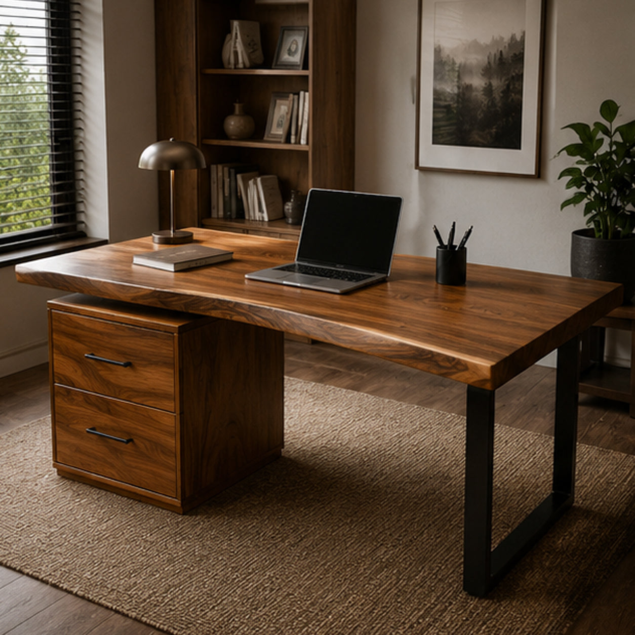 Live Edge Solid Suar Wood Executive Office Desk with Black Steel Legs Mokeypod Table