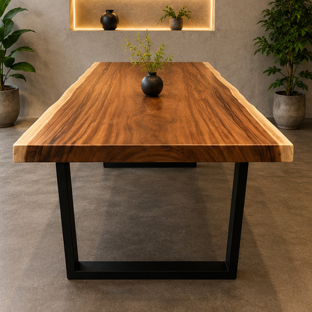 Solid Live Edge Dining Table with Steel Legs with Black Steel Legs | Monkeypod Table