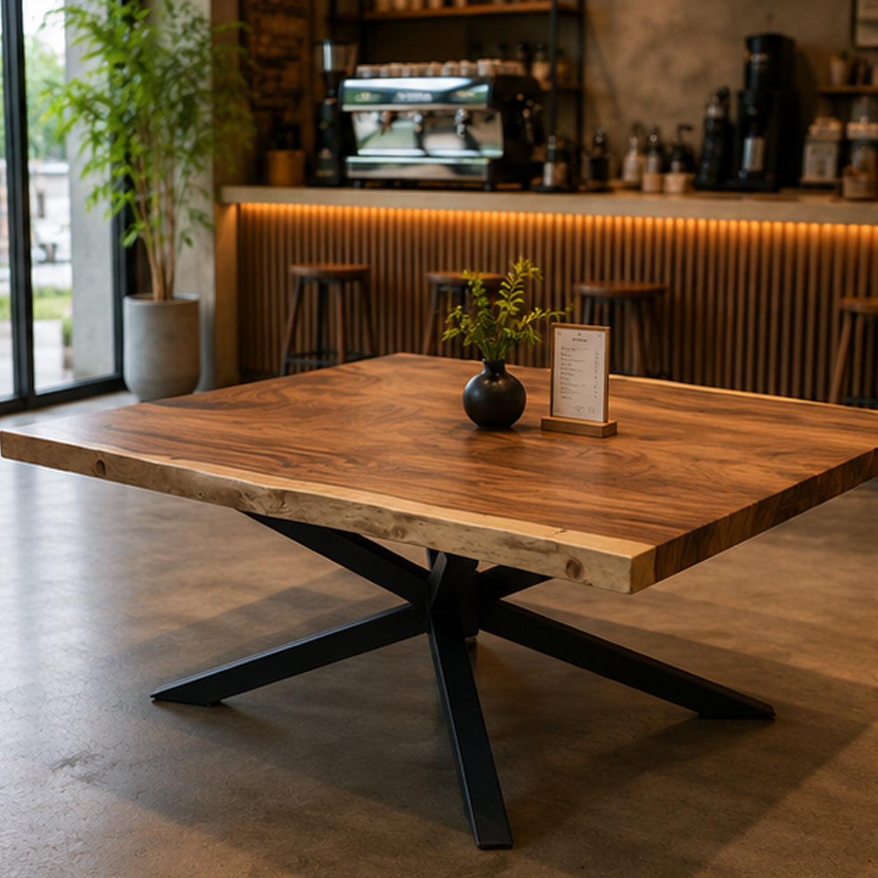 Solid Live Edge Dining Table with Steel Legs with Black Steel Legs | Monkeypod Table
