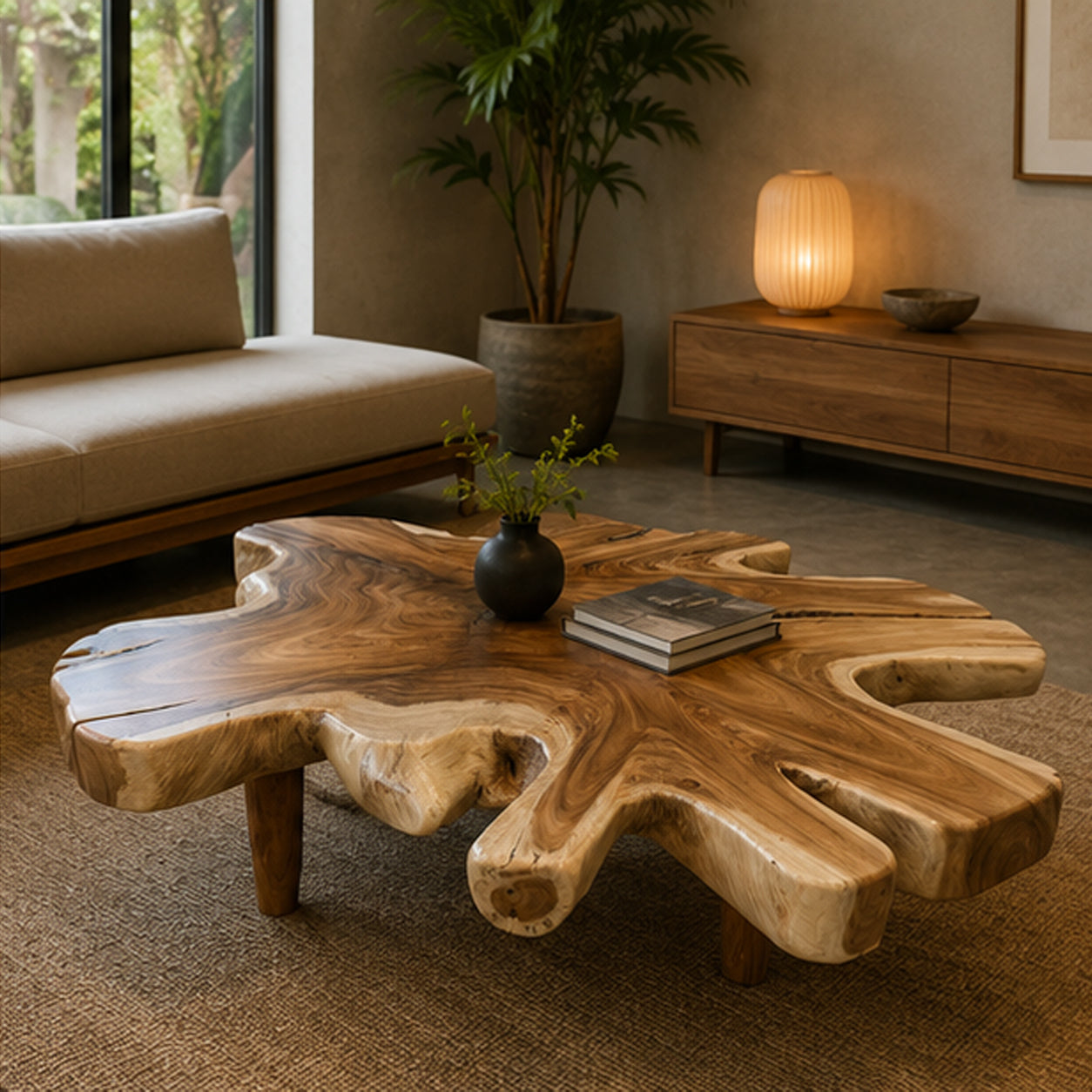 Organic Live Edge Monkeypod Wood Coffee Table Wood Legs | Solid Suar Wood Single Slab