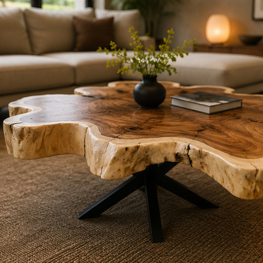 Organic Live Edge Monkeypod Wood Coffee Table Steel Legs | Solid Suar Wood Single Slab