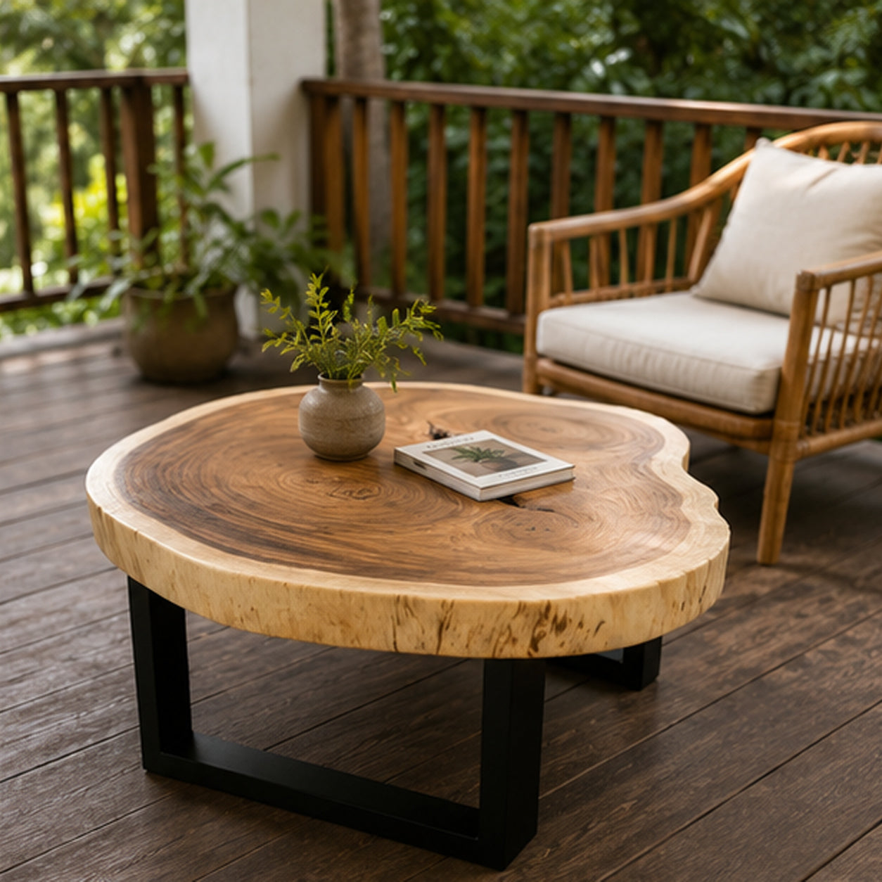 Round Solid Suar Wood Coffee Table with Black Steel Legs | Live Edge Monkeypod