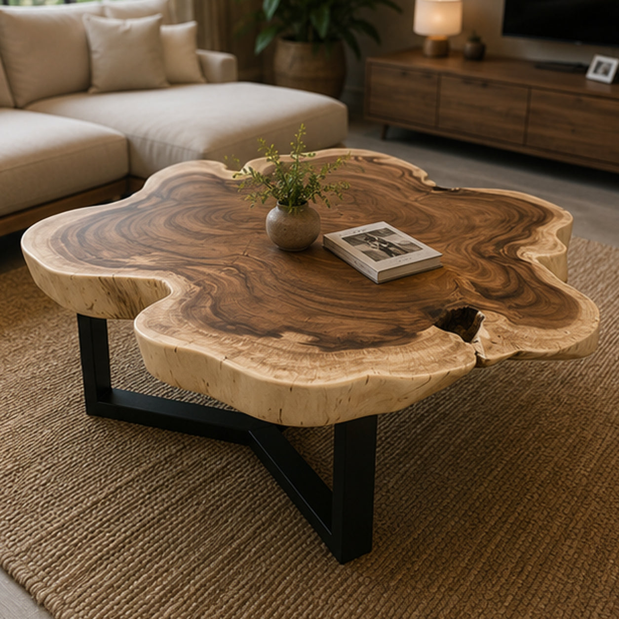 Organic Live Edge Monkeypod Wood Coffee Table Steel Legs | Solid Suar Wood Single Slab