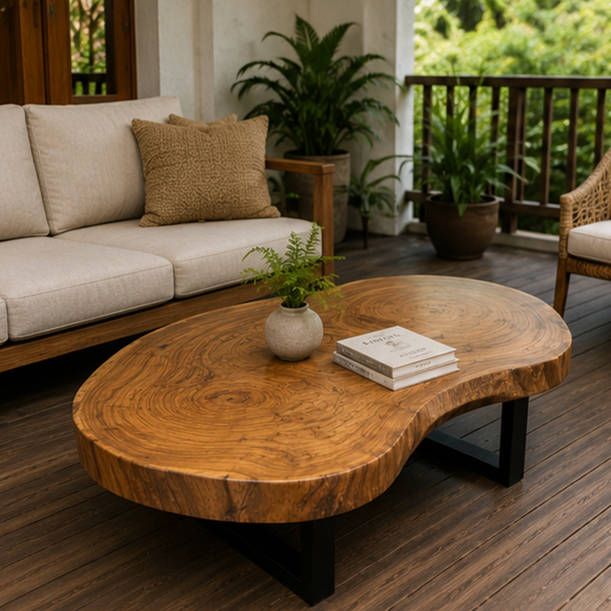 Round Solid Suar Wood Coffee Table with Black Steel Legs | Live Edge Monkeypod