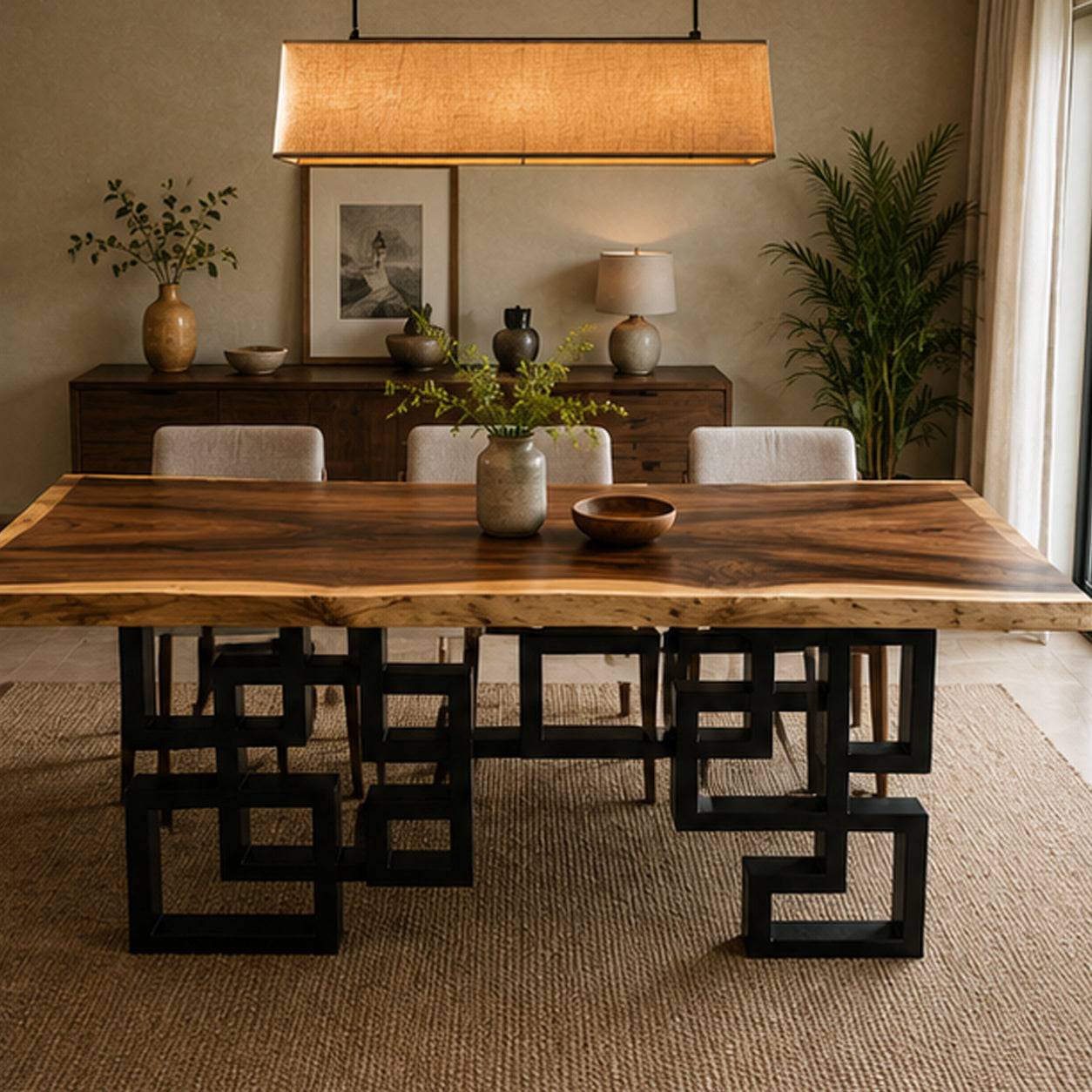 Solid Live Edge Dining Table with Unique Steel Legs with Black Steel Legs | Monkeypod Table