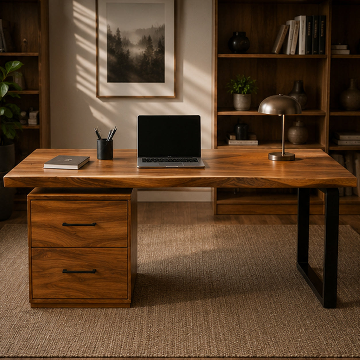 Live Edge Solid Suar Wood Executive Office Desk with Black Steel Legs Mokeypod Table
