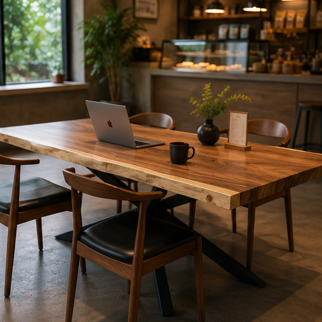 Solid Live Edge Dining Table with Steel Legs with Black Steel Legs | Monkeypod Table