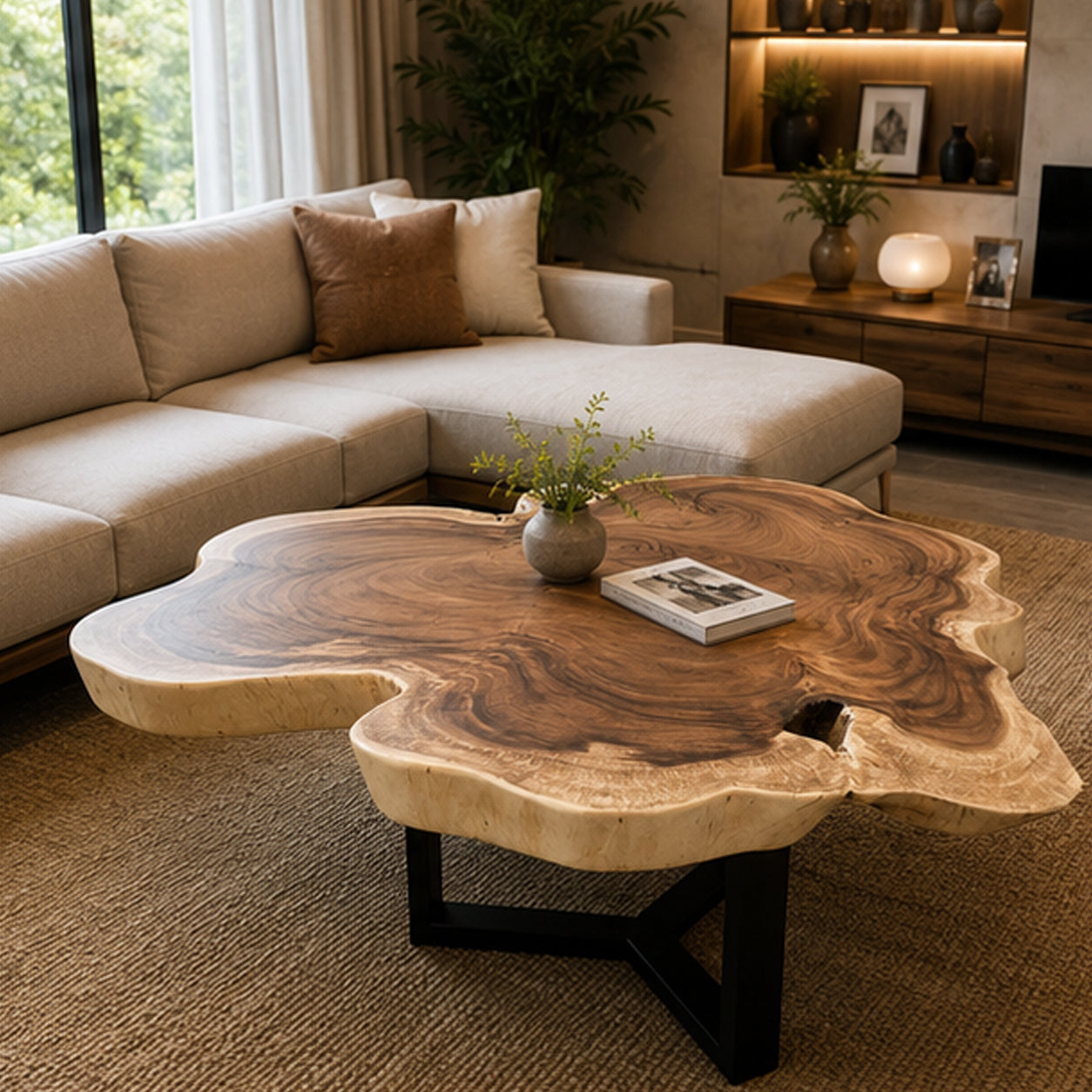 Organic Live Edge Monkeypod Wood Coffee Table Steel Legs | Solid Suar Wood Single Slab