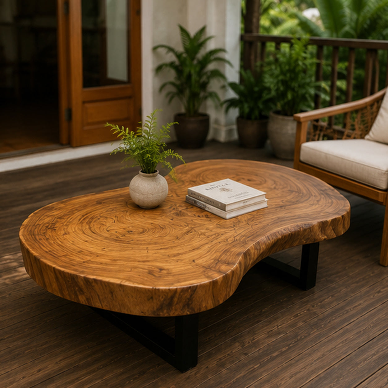 Round Solid Suar Wood Coffee Table with Black Steel Legs | Live Edge Monkeypod