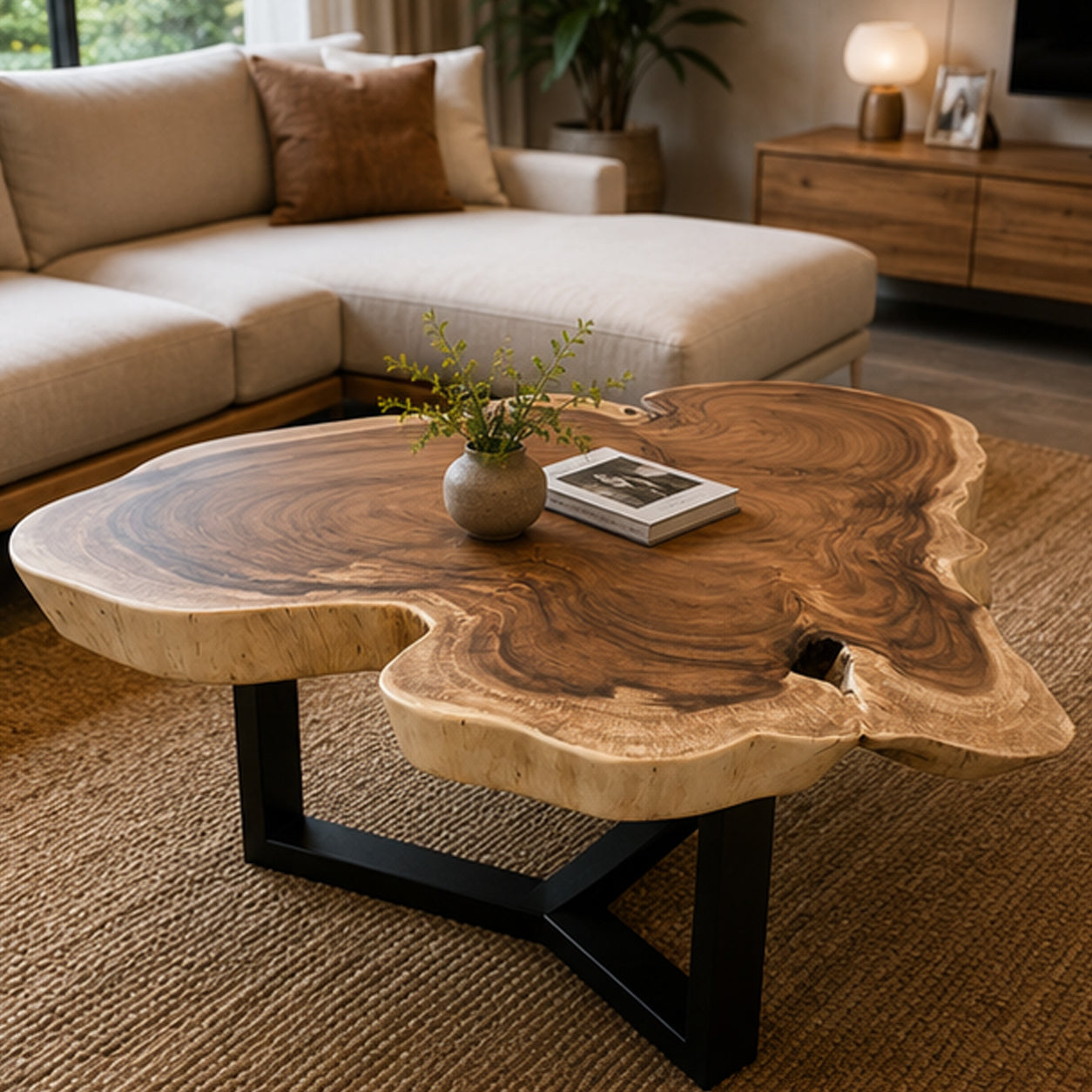 Organic Live Edge Monkeypod Wood Coffee Table Steel Legs | Solid Suar Wood Single Slab