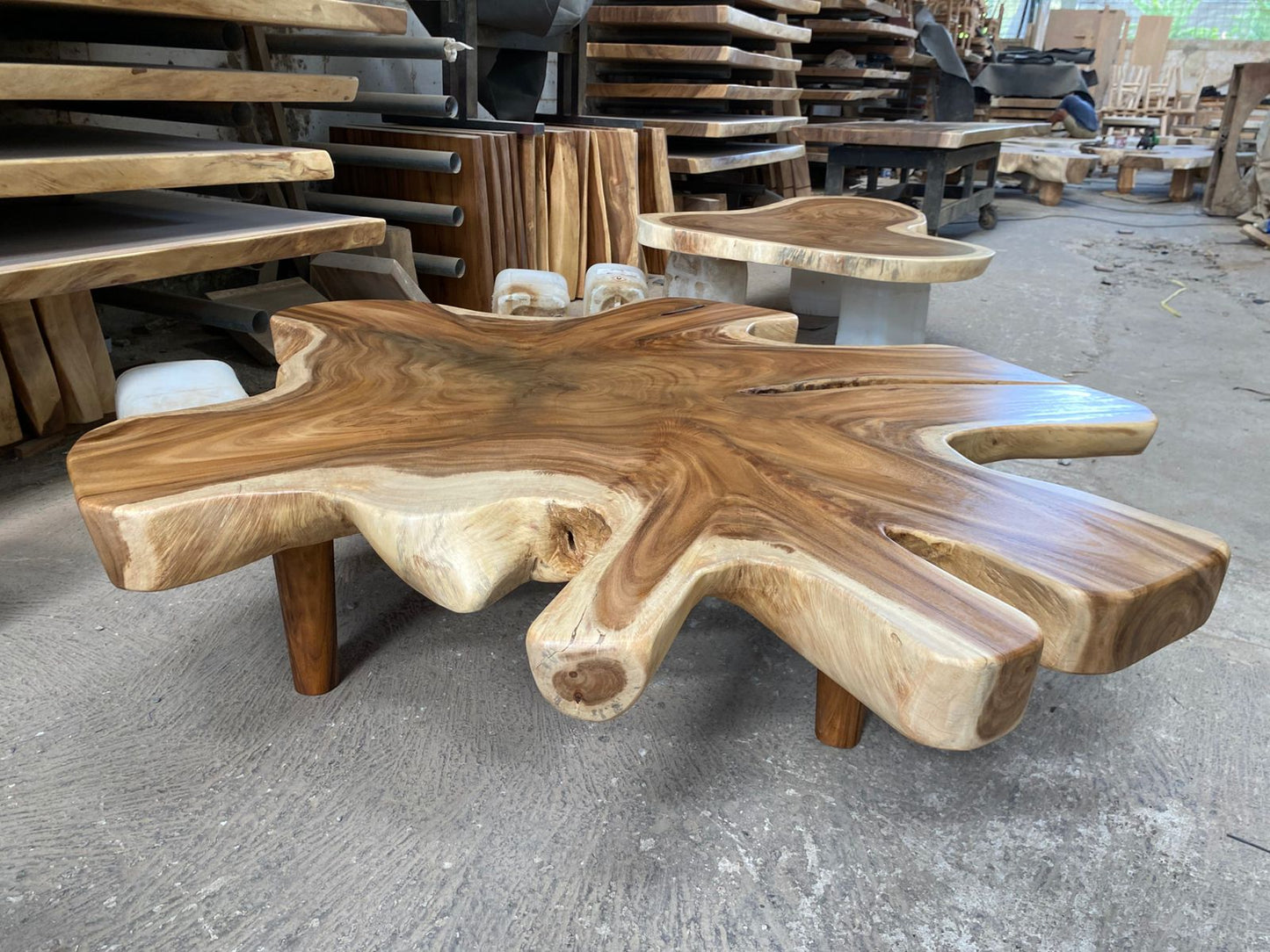 Organic Live Edge Monkeypod Wood Coffee Table Wood Legs | Solid Suar Wood Single Slab